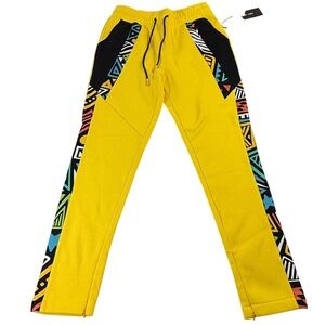 Create 2MRW Men Yellow Tribal Geometric Print Jogger Sweatpants Ankle Zip NWT